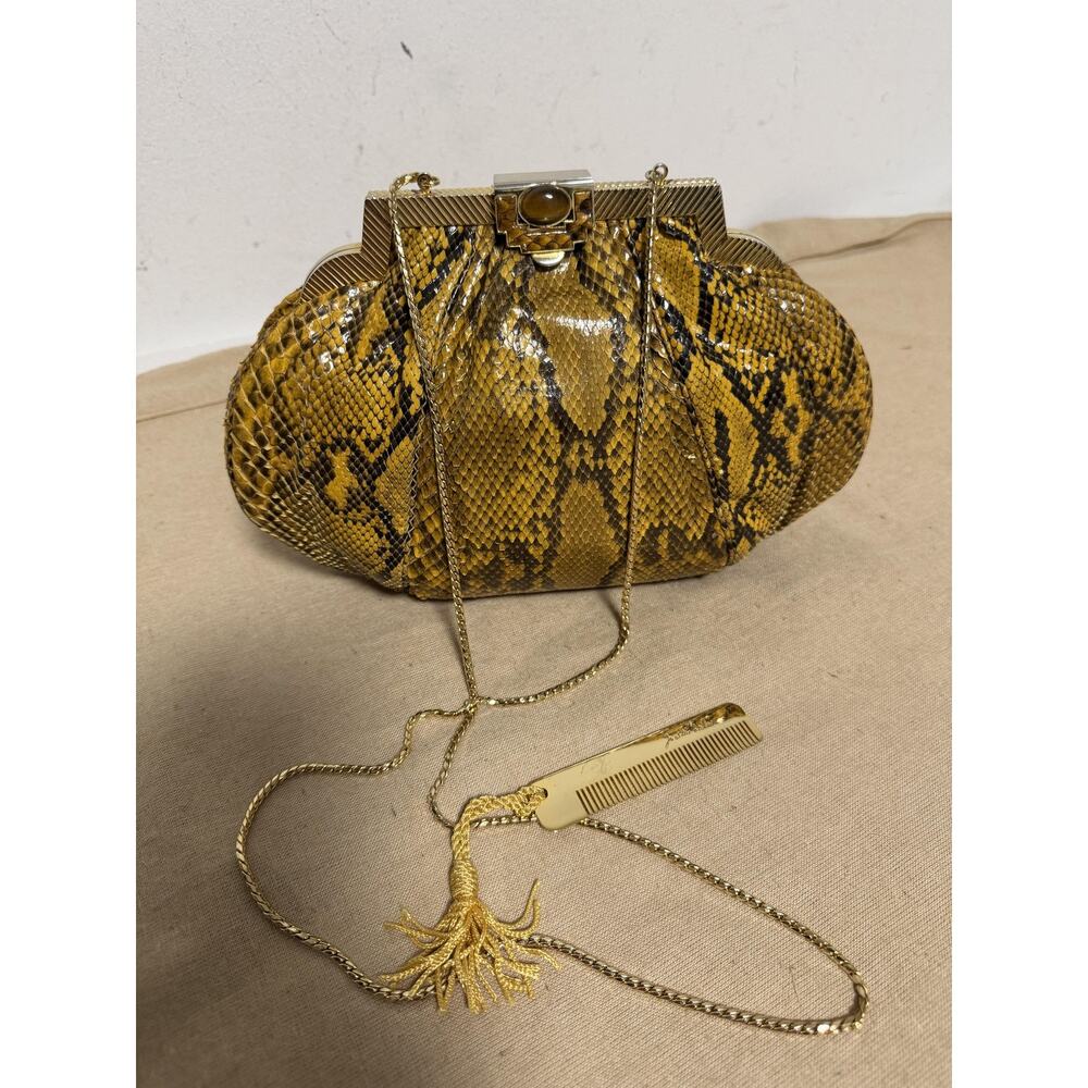 Vintage Judith Leiber Clutch Bag Womens Small Yellow Snakeskin Chain Tassel Comb